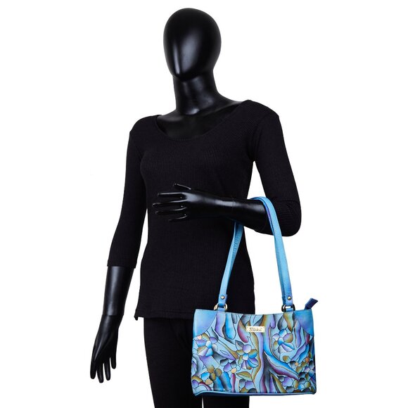 Hand-Painted Blue Abstract Artwork Ladies Leather Shoulder Tote Bag - Picture 7 of 7